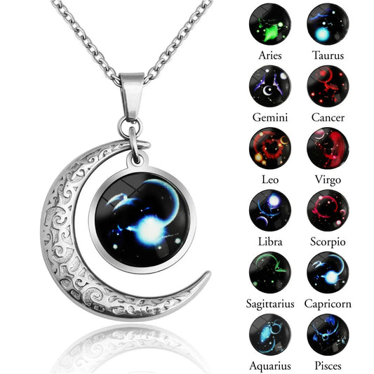 Luminous Moon & Star Pendant Necklace - Zodiac Charm Gift