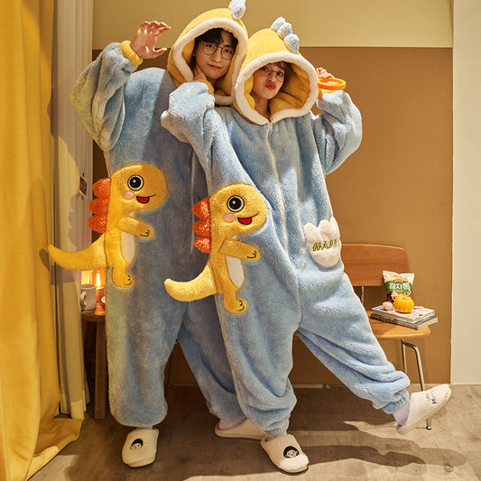 Cute Cartoon Jumpsuit Pajamas - Plush Winter Homewear for Couples